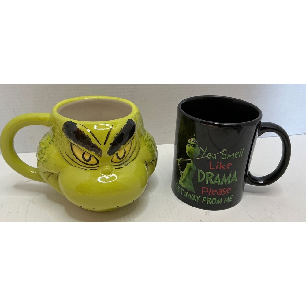 Dr Seuss The Grinch Coffee Mugs Set Sculpted 3D Face & Drama Graphic Ceramic